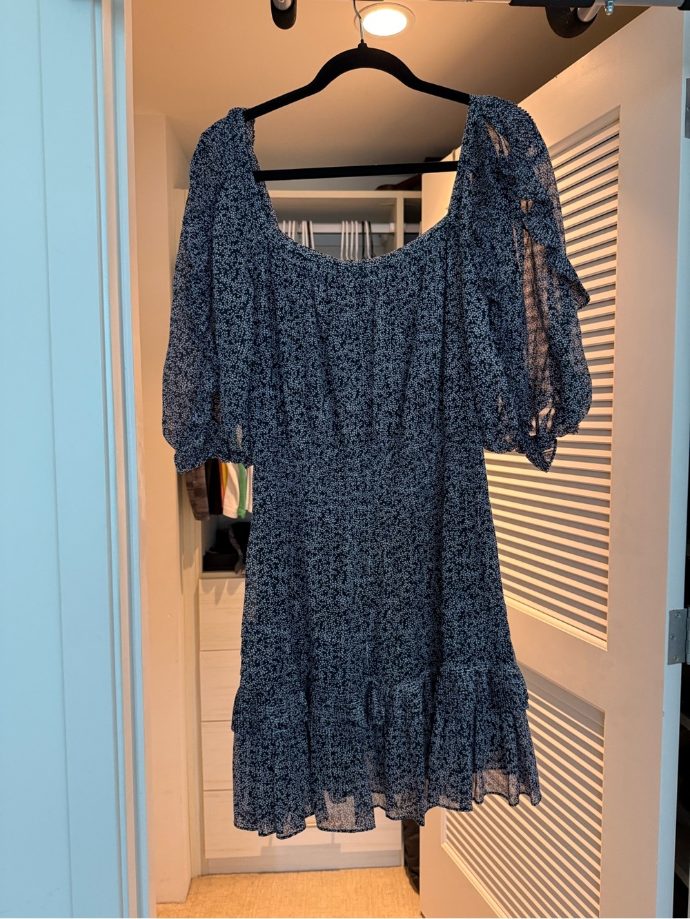 Rebecca Taylor Navy Floral Puff-Sleeve Mini Dress